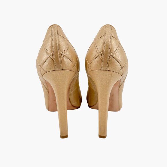 Chanel CC Cap Toe Quilted Pumps EU 39C US 8-8.5 Gold Beige Leather Two Tone Heel - Picture 6 of 14